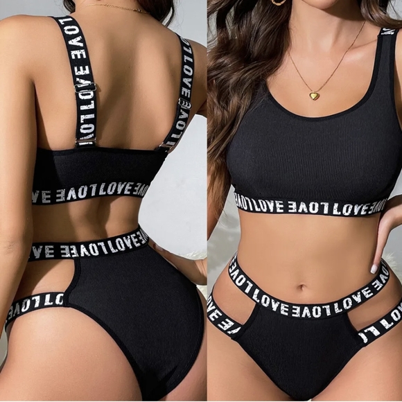 Sexy Women's 2 Piece Love Letter Print Ribbed Knit Lingerie Set Bra and Panty US - Picture 7 of 10